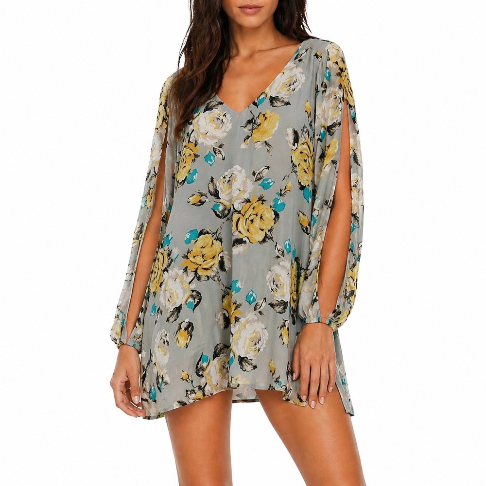Peach‎ Love California Gray Yellow Floral Split Sleeve Mini Dress Medium Cottage